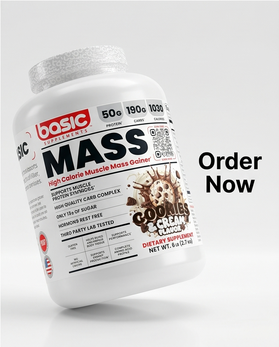 Basic Supplements MASS – High Calorie Muscle Mass Gainer (Cookies & Cream Flavor)