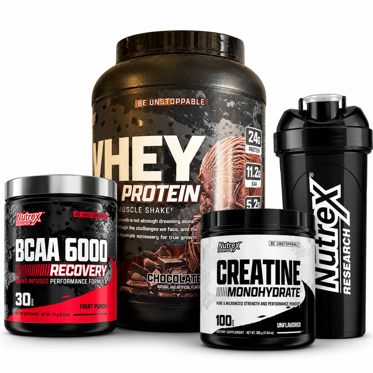 Nutrex Research Muscle & Performance Bundle – Whey Protein, BCAA, Creatine & Shaker